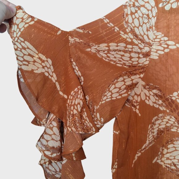 Vince Camuto Pintucked Ruffle Cuff Semi Sheer V-Neck Boho Blouse Orange Medium - Picture 6 of 12